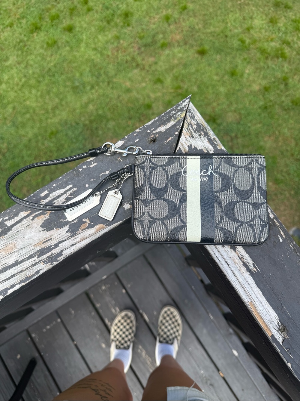 Coach Signature Wristlet Pouch in Black with Cream Stripe